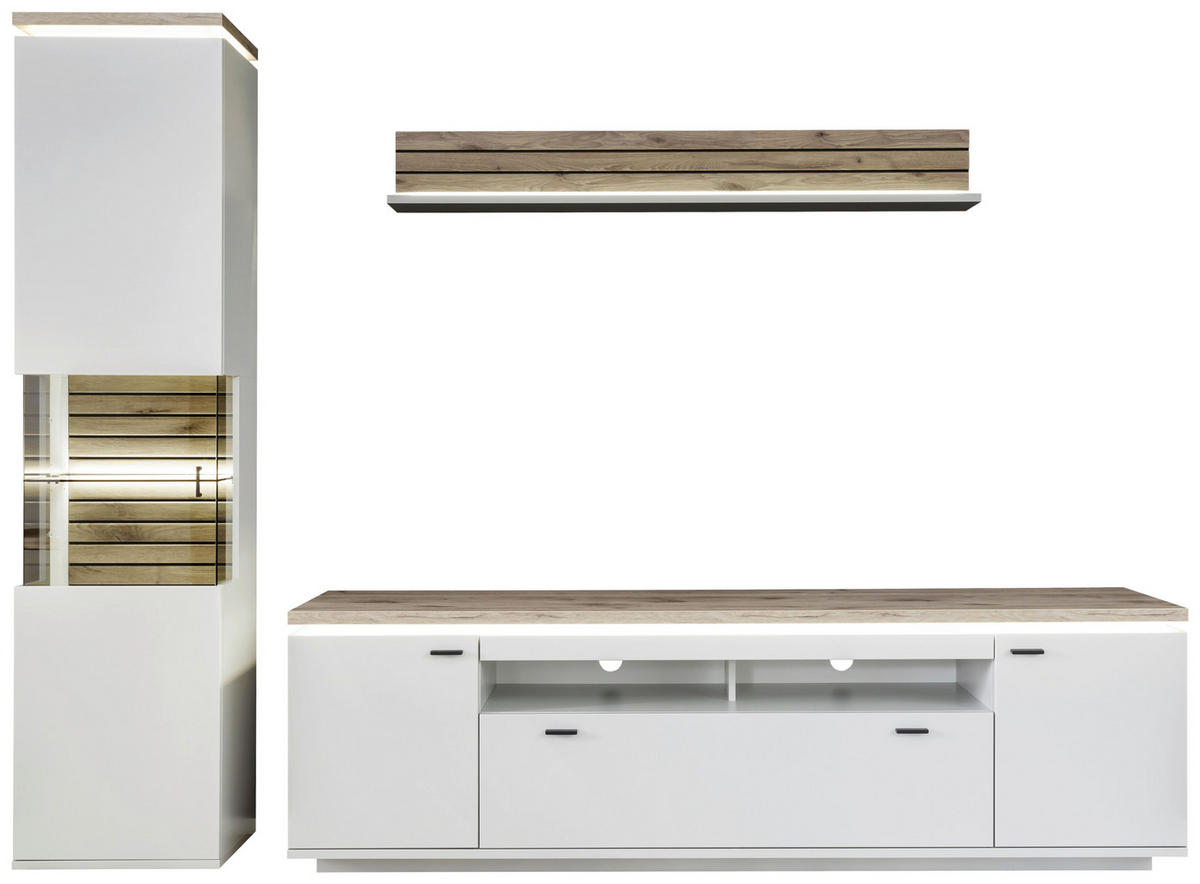 WOHNWAND 3-teilig  in Weiß, Eichefarben   - Eichefarben/Anthrazit, Design, Glas/Holzwerkstoff (270/207/50cm) - Stylife