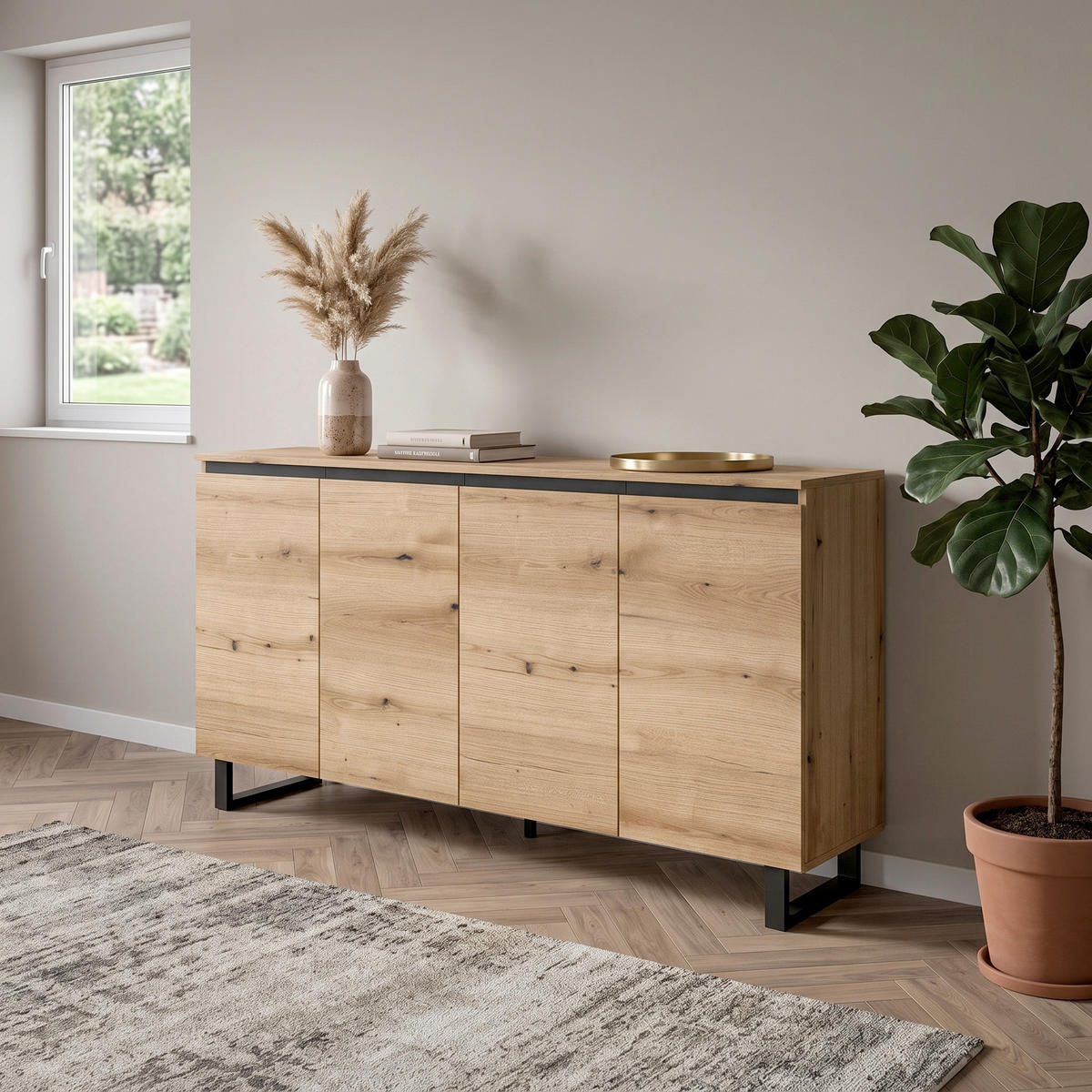 ŠIROKA KOMODA, temni hrast  - črna/temni hrast, Design, umetna masa/leseni material (160/84/36cm) - Livetastic