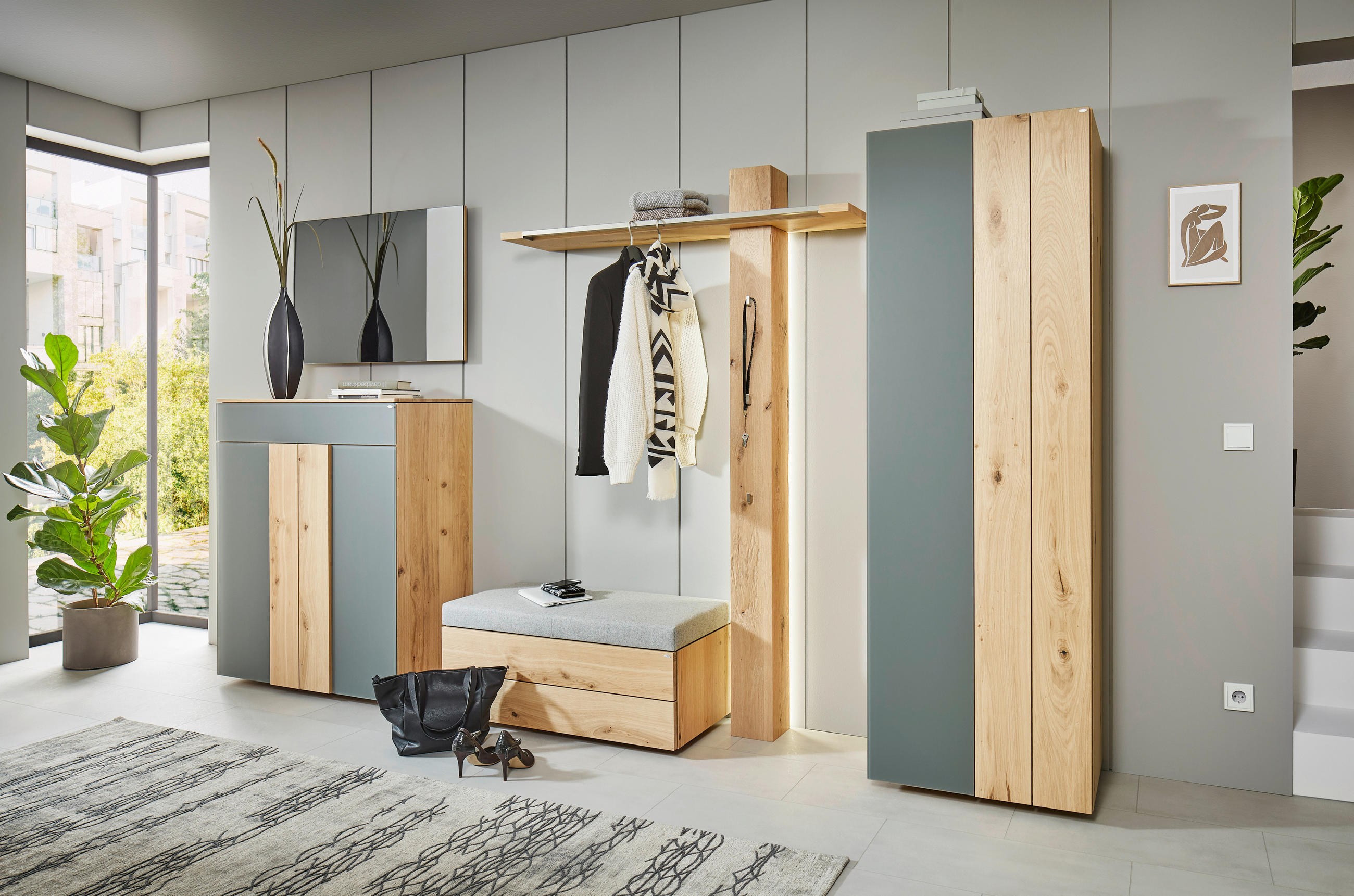 GARDEROBENSCHRANK Wildeiche furniert Grau, Eichefarben - Eichefarben/Grau, Design, Glas/Holz (64/196/42,7cm) - Voglauer