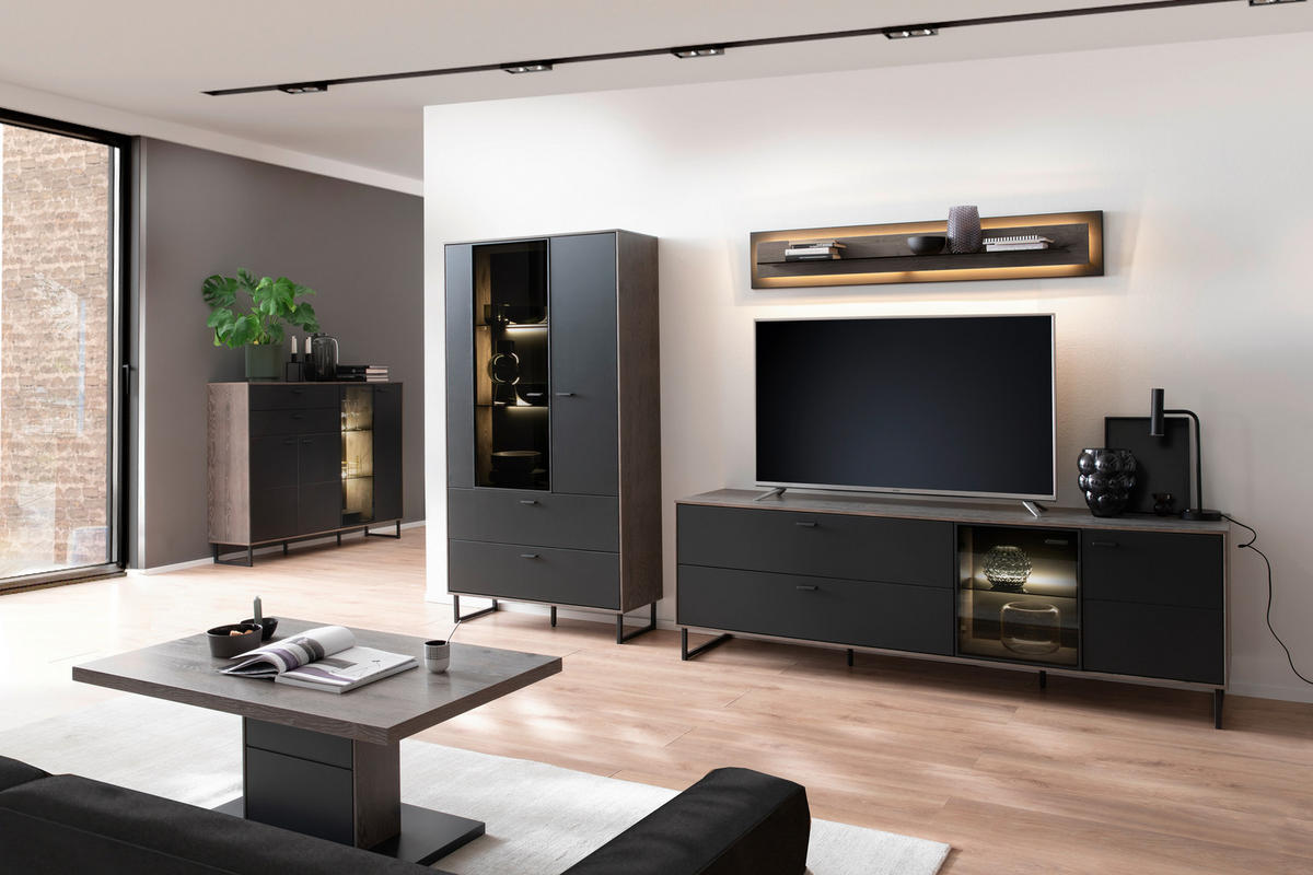 WOHNWAND  in Schwarz, Eichefarben  321/185/50 cm  - Eichefarben/Anthrazit, Design, Glas/Holz (321/185/50cm) - MID.YOU