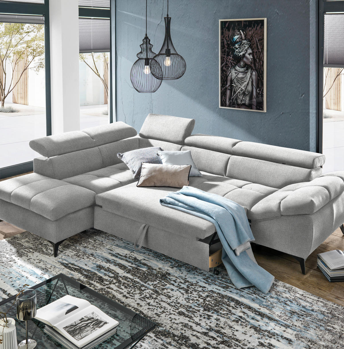 ECKSOFA in Mikrofaser Hellgrau  - Hellgrau/Schwarz, Design, Kunststoff/Textil (210/279cm) - Livetastic