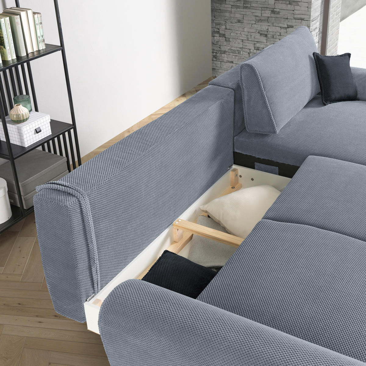 ECKSOFA in Webstoff Blaugrau  - Blaugrau/Schwarz, Design, Textil/Metall (272/170cm) - Welnova