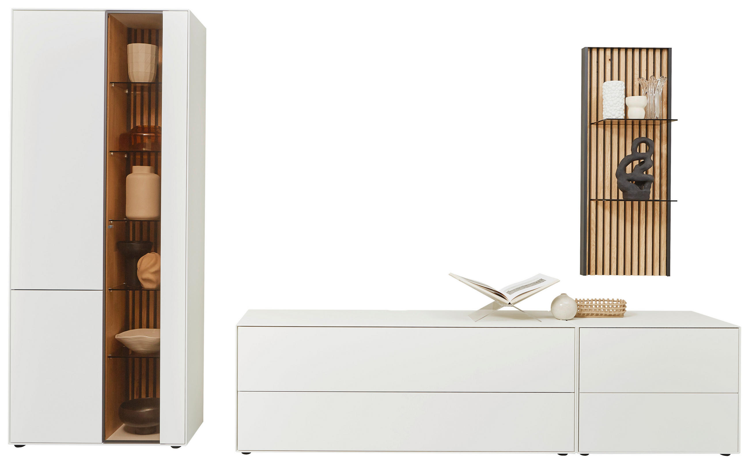 WOHNWAND  in Weiß, Eichefarben  346/205/49 cm  - Eichefarben/Weiß, Design, Glas/Holz (346/205/49cm) - Johann Jakob