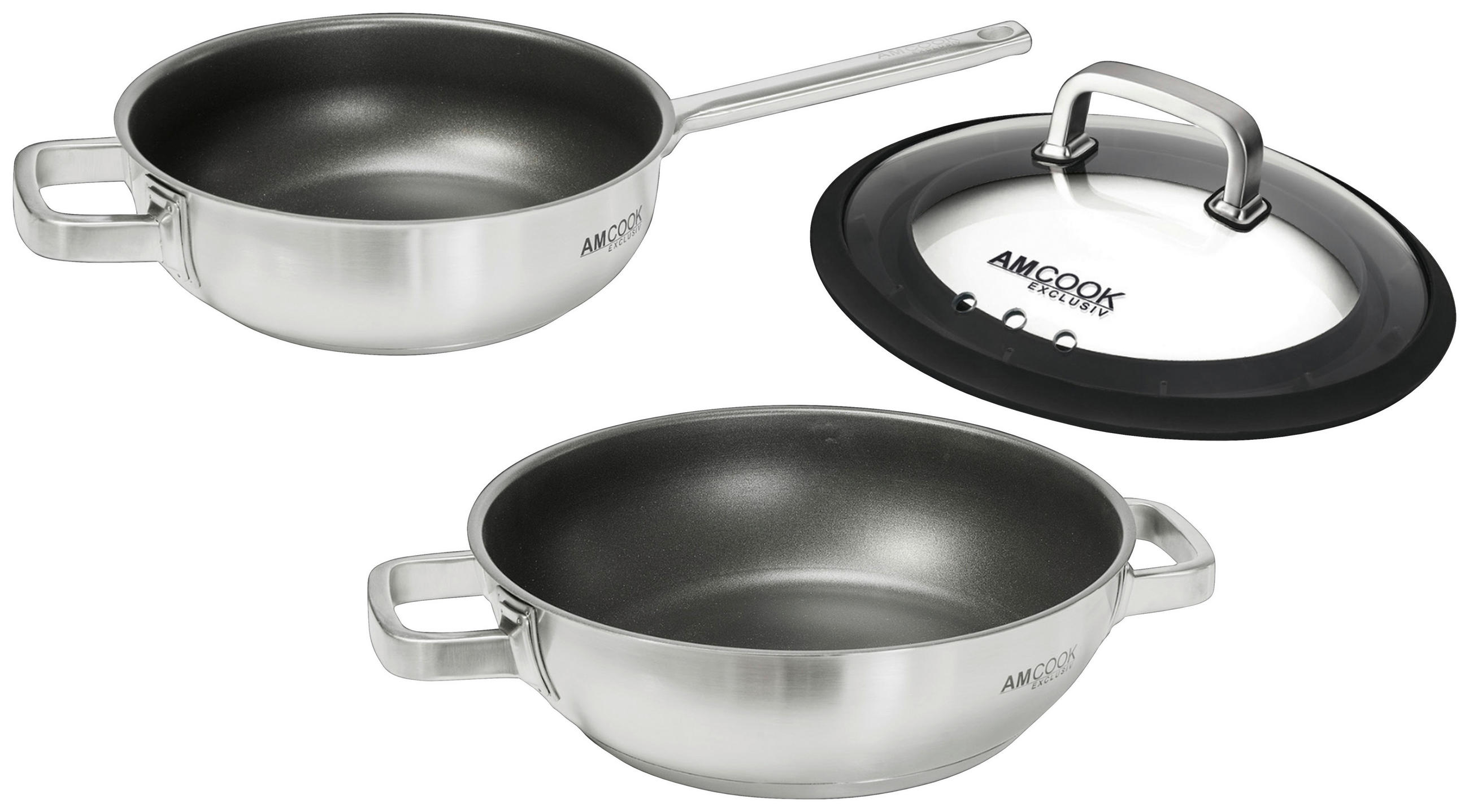 PFANNENSET Edelstahl 3-teilig  - Edelstahlfarben/Schwarz, Basics, Glas/Kunststoff (24-28cm) - Am Cook