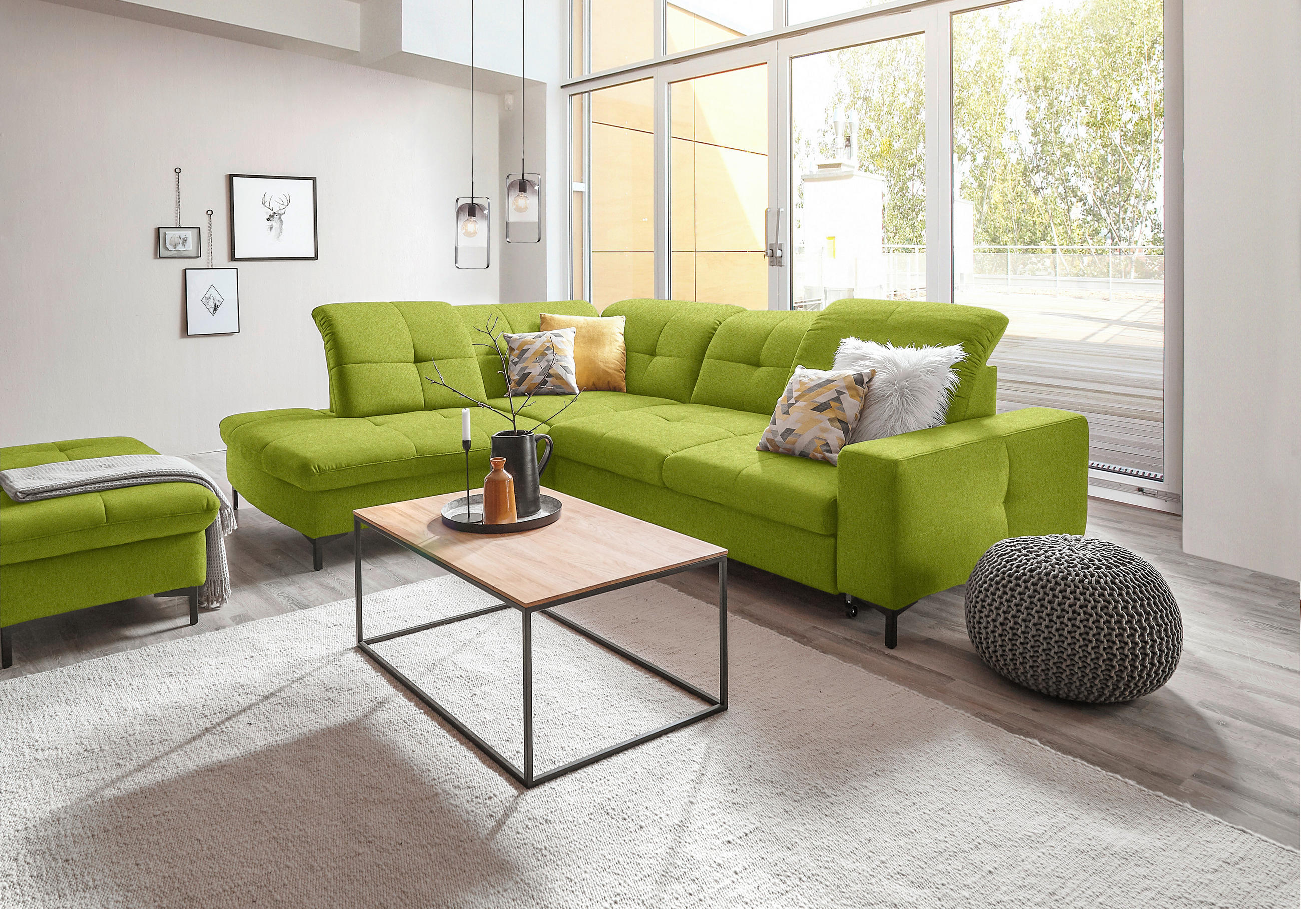 ECKSOFA in Chenille Limette  - Limette/Schwarz, Design, Textil/Metall (240/308cm) - Xora