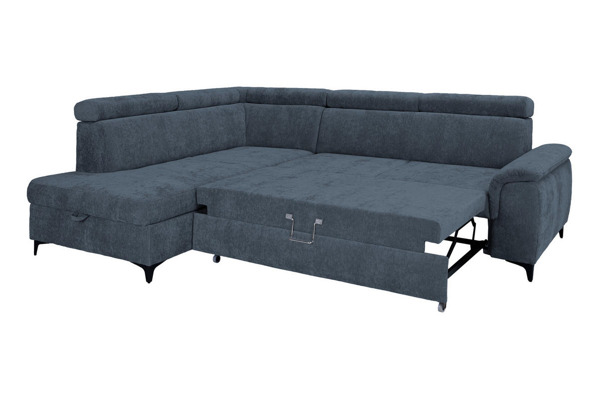 ECKSOFA Dunkelblau Chenille Bettkasten, Schlaffunktion, Rücken echt, Kopfteilverstellung, Liegefläche im Originalstoff  - Schwarz/Dunkelblau, KONVENTIONELL, Textil/Metall (206/265cm) - Carryhome