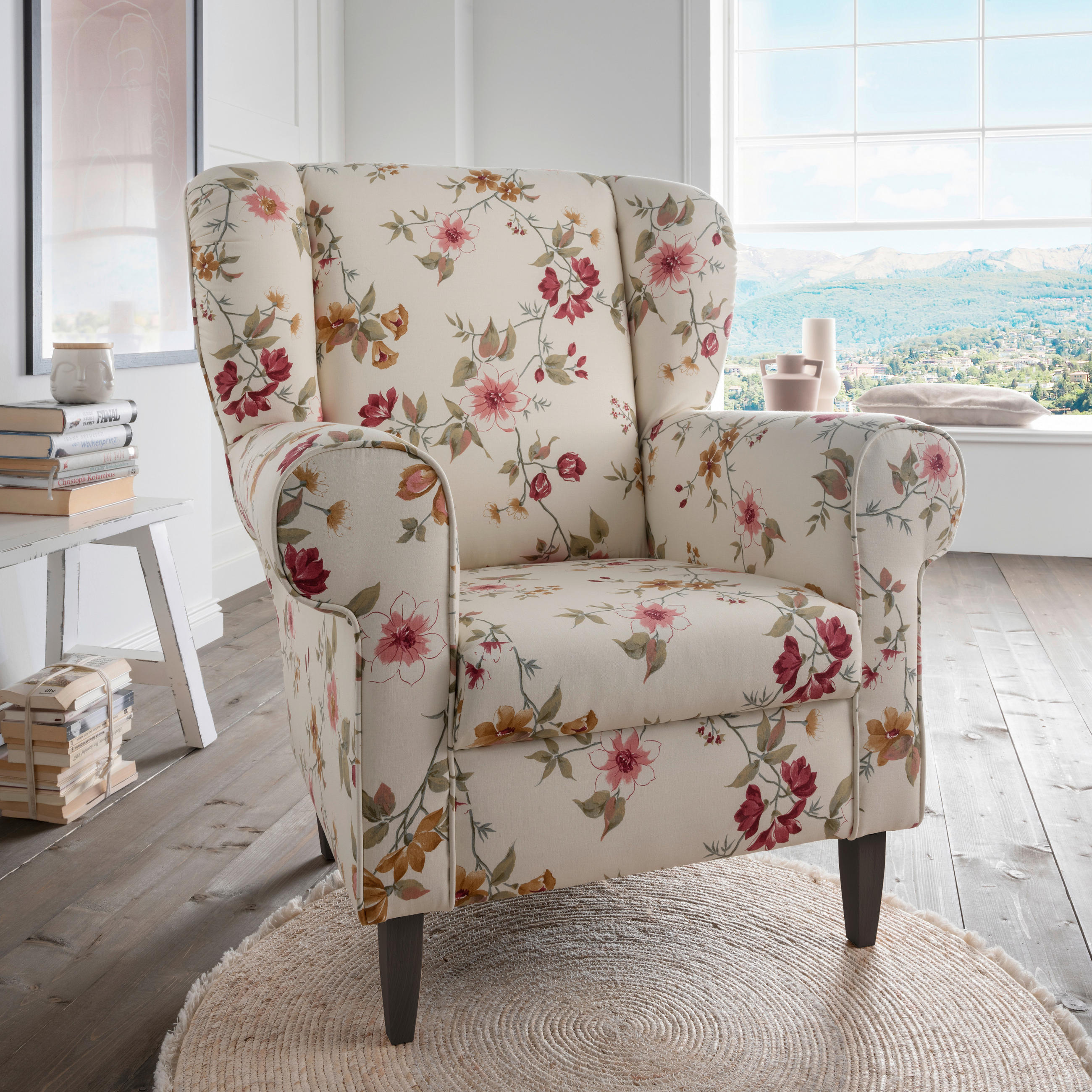 OHRENSESSEL Webstoff Rot, Wengefarben, Beige  - Wengefarben/Beige, KONVENTIONELL, Holz/Textil (80/102/86cm) - Livetastic