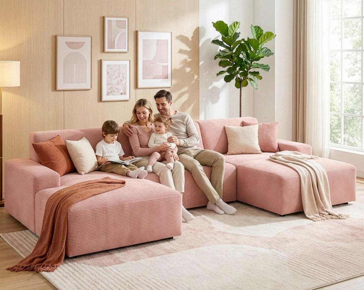 WOHNLANDSCHAFT Cord Pink  - Pink/Schwarz, Modern, Kunststoff/Textil (162/329/162cm) - Trendmanufaktur