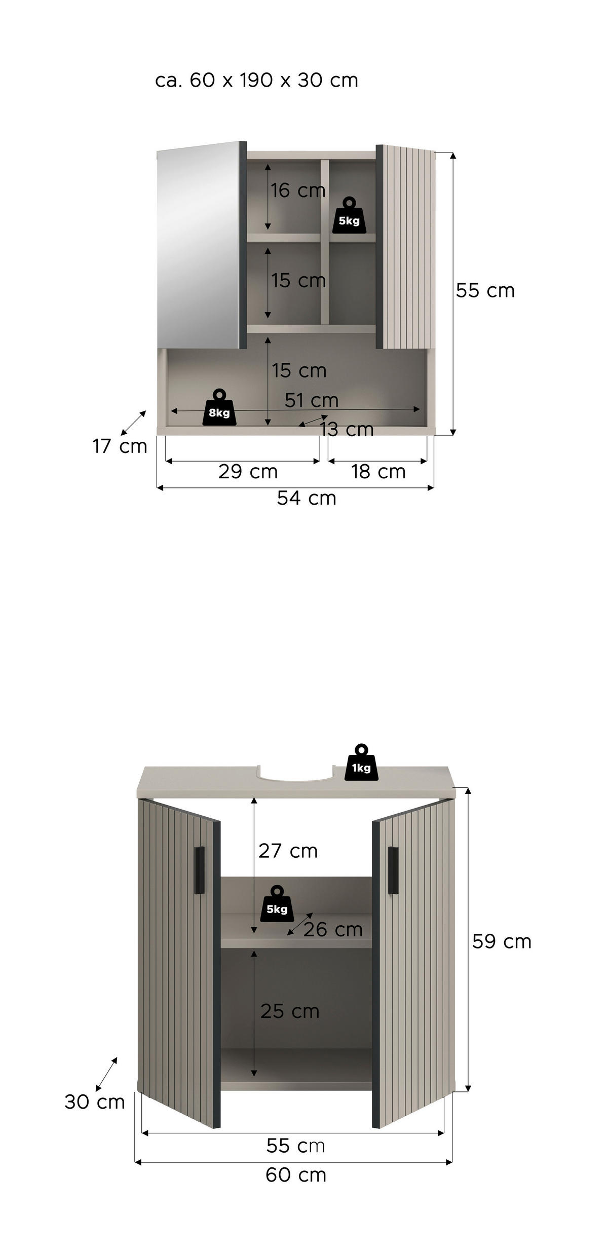 BADEZIMMER 2-teilig  in 60 cm  - Kaschmir/Schwarz, Trend, Glas/Holzwerkstoff (60cm) - MID.YOU