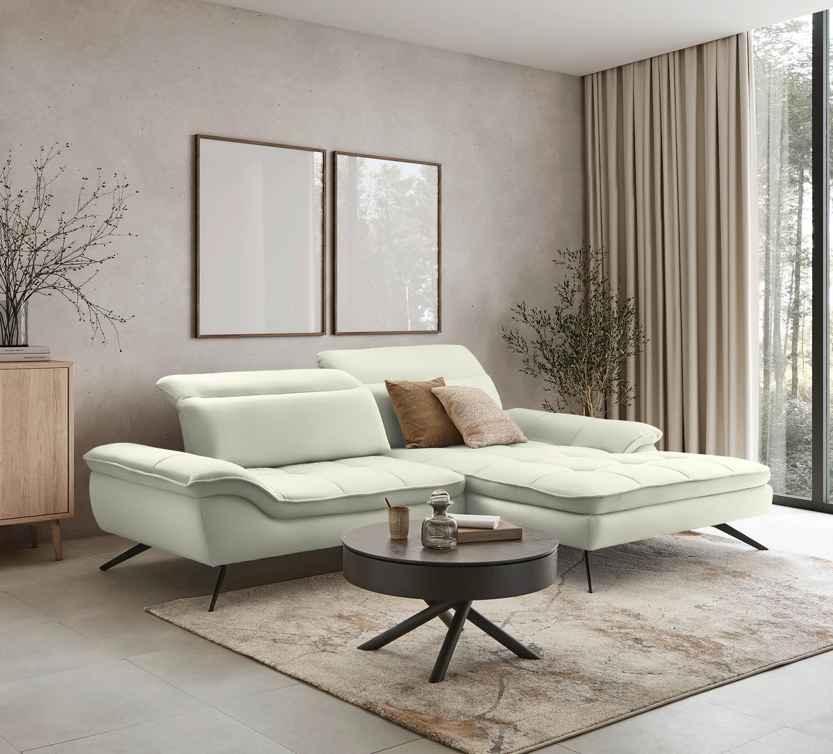 ECKSOFA in Chenille Creme  - Creme/Schwarz, Design, Textil/Metall (288/179-202cm) - Stylife