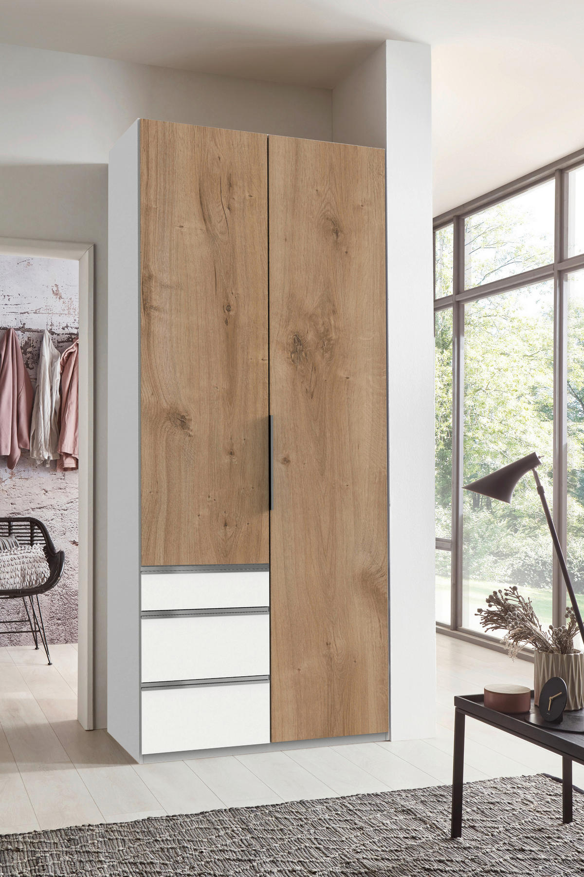 DREHTÜRENSCHRANK 100/236/58 cm,  in Weiß, Plankeneiche, 2-türig  - Chromfarben/Plankeneiche, MODERN, Holzwerkstoff/Metall (100/236/58cm) - MID.YOU