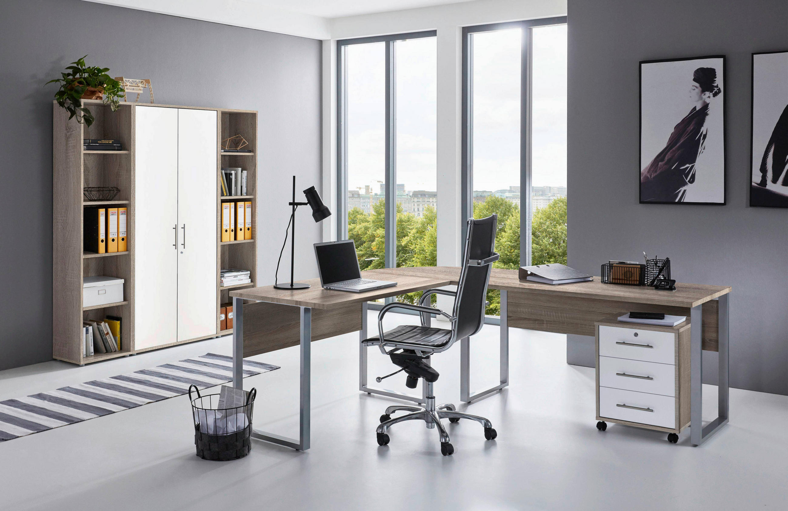 BÜRO erweiterbar, in verschiedenen Holz-Dekoren erhältlich, Schreibtisch seitenverkehrt montierbar, abschließbar Weiß, Sonoma Eiche - Weiß/Sonoma Eiche, MODERN, Holzwerkstoff - MID.YOU