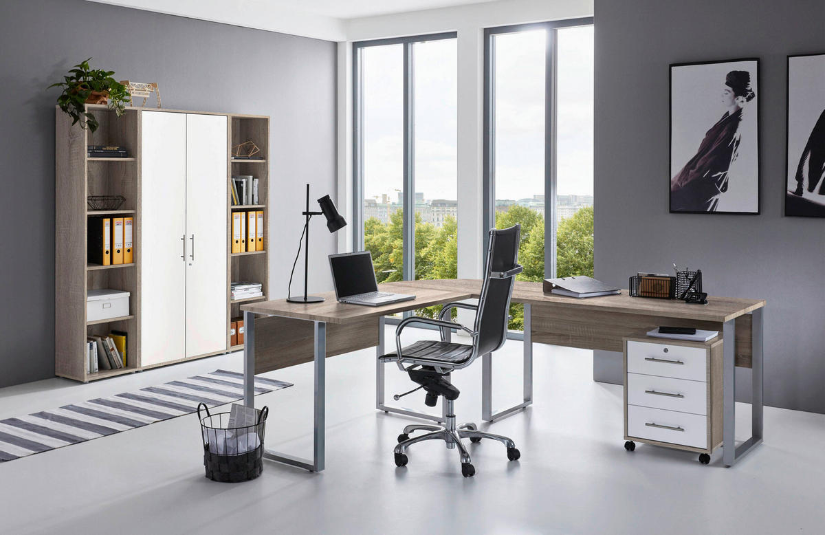 BÜRO erweiterbar, in verschiedenen Holz-Dekoren erhältlich, Schreibtisch seitenverkehrt montierbar, abschließbar Weiß, Sonoma Eiche - Weiß/Sonoma Eiche, MODERN, Holzwerkstoff - MID.YOU