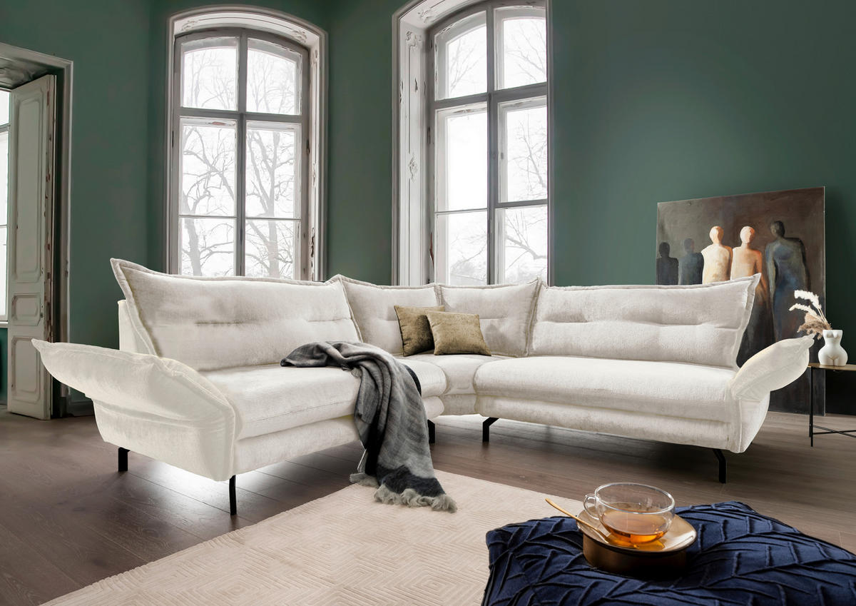 ECKSOFA in Webstoff Weiß   - Hellbraun/Schwarz, Design, Textil/Metall (257/97/257cm) - Livetastic