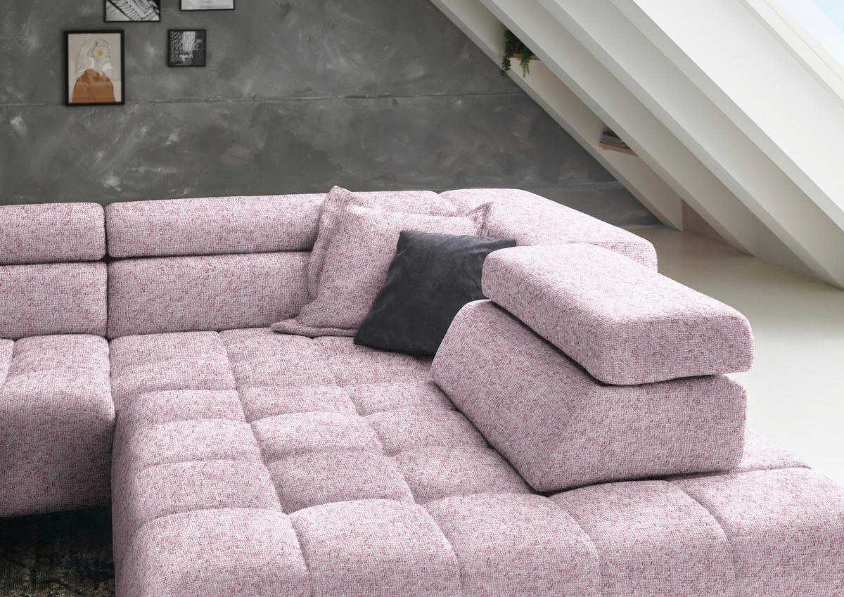ECKSOFA in Chenille Rosa  - Schwarz/Rosa, Design, Textil/Metall (323/222cm) - Beldomo Style
