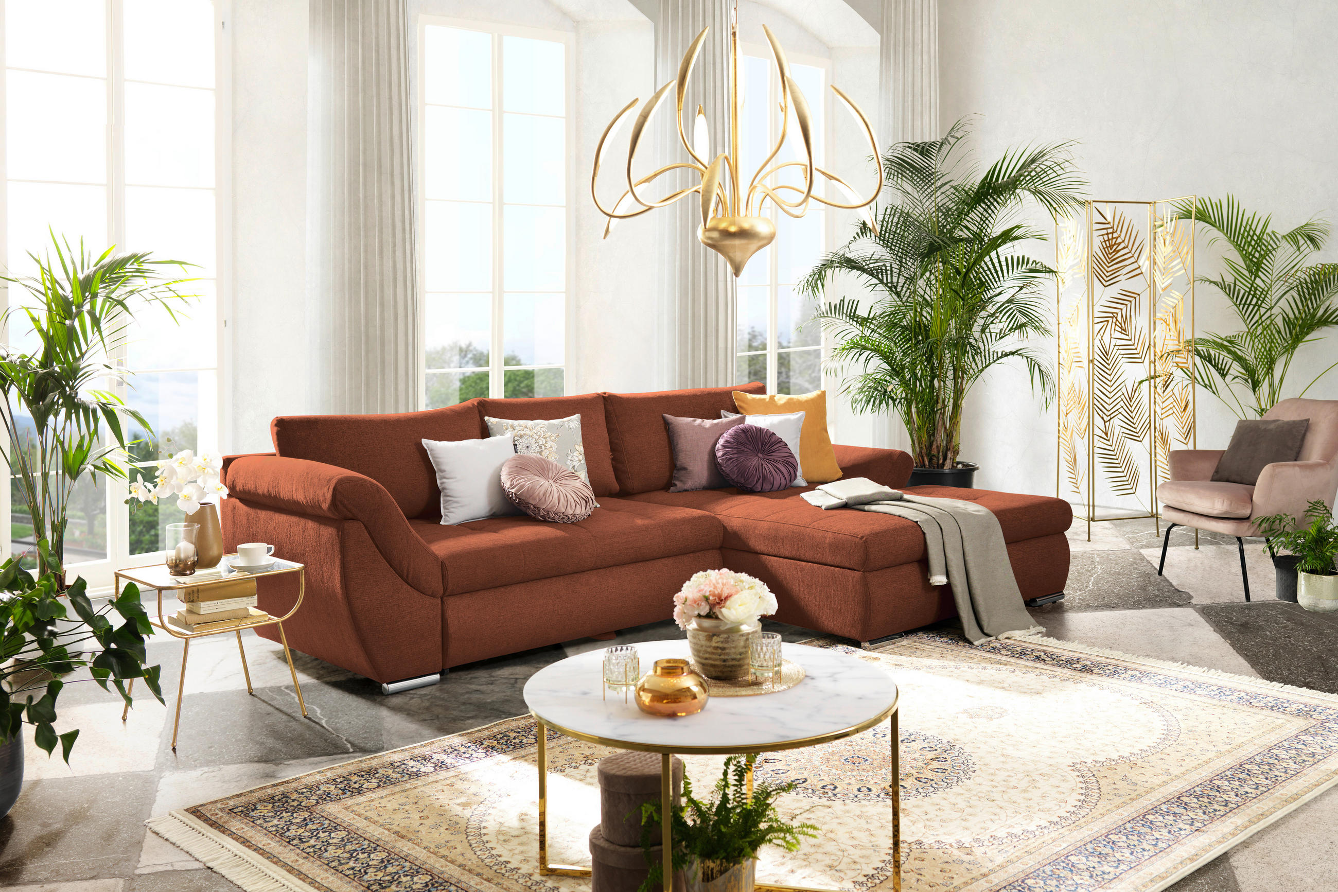 ECKSOFA in Flachgewebe Rostfarben  - Rostfarben/Silberfarben, Design, Textil/Metall (306/174cm) - MID.YOU