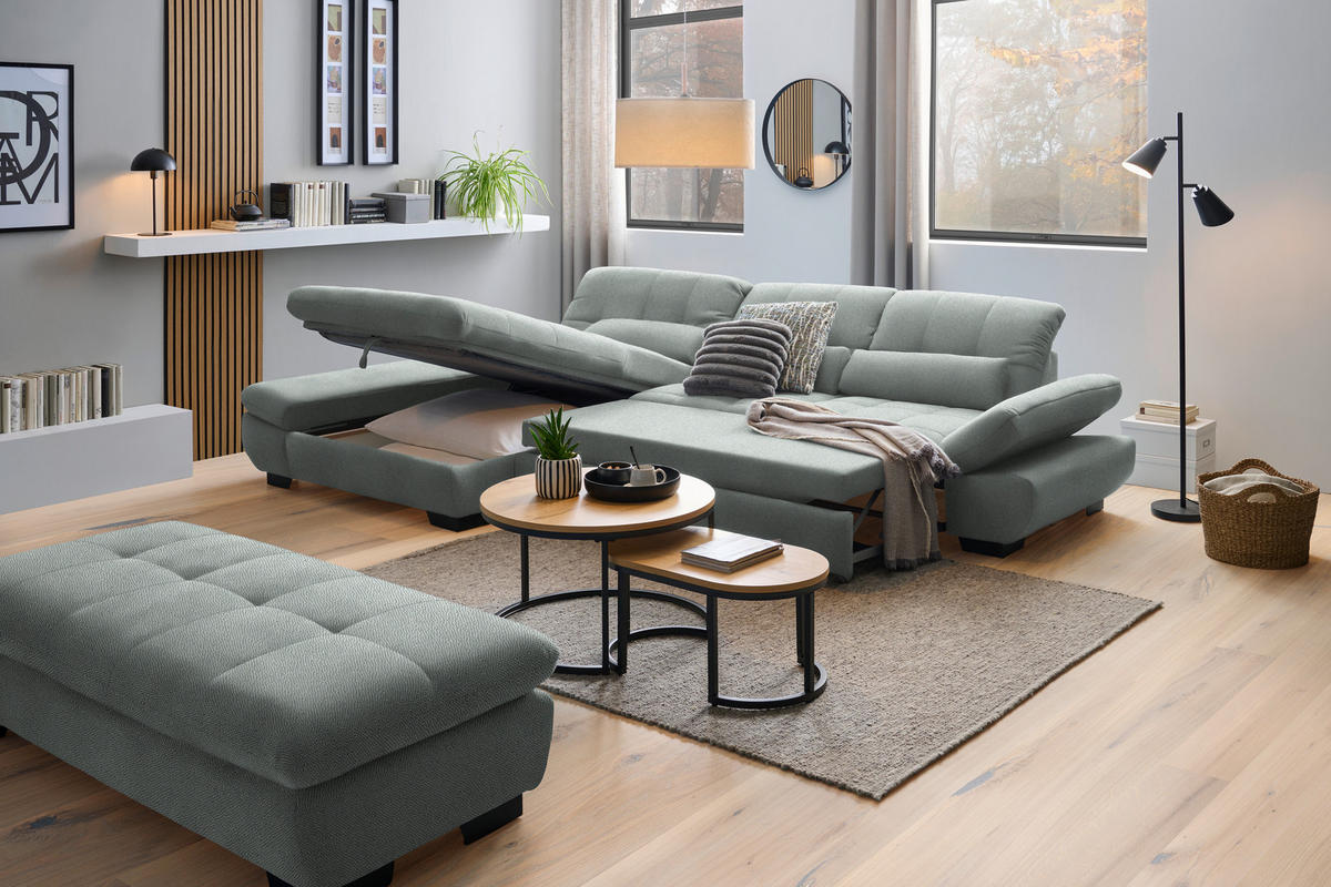 ECKSOFA Flachgewebe Mintgrau  - Mintgrau/Schwarz, Design, Textil/Metall (204/341cm) - Xora