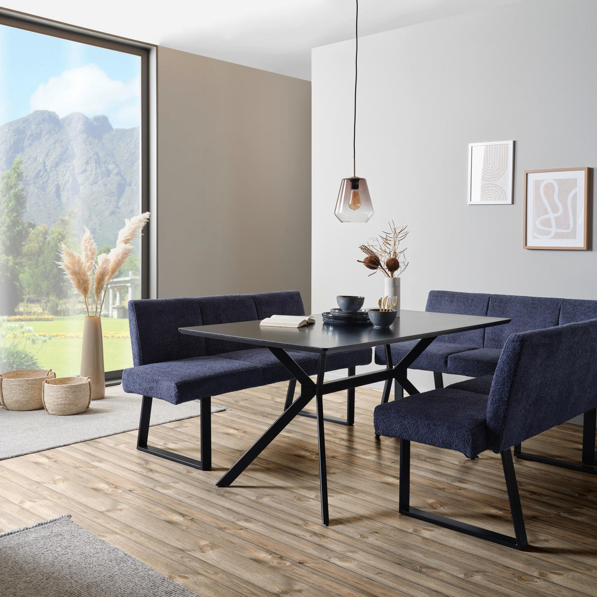SITZBANK 166/82/61 cm Leinenoptik Dunkelblau  - Schwarz/Dunkelblau, MODERN, Textil/Metall (166/82/61cm) - MID.YOU