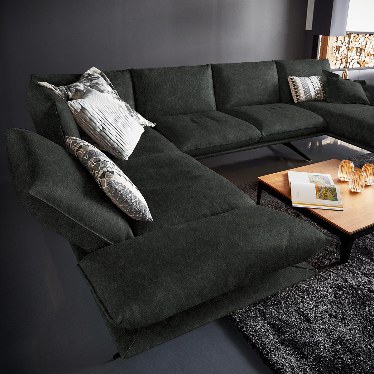 WOHNLANDSCHAFT  in Echtleder Dunkelgrün  - Dunkelgrün/Schwarz, Natur, Leder/Metall (217/359/155cm) - Dieter Knoll