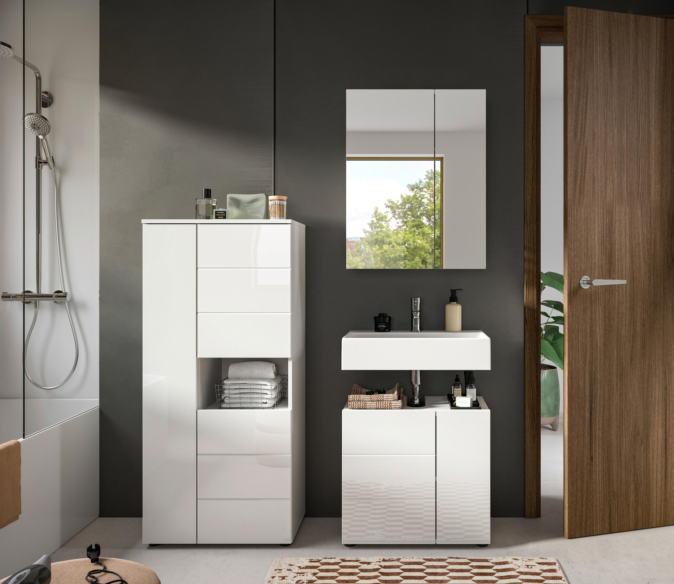 BADEZIMMER 3-teilig  in 120 cm  - Weiß Hochglanz/Schwarz, MODERN, Holzwerkstoff/Kunststoff (120cm) - MID.YOU
