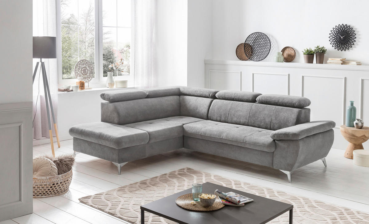 ECKSOFA in Mikrofaser Hellgrau  - Chromfarben/Hellgrau, Konventionell, Textil/Metall (209/256cm) - Livetastic
