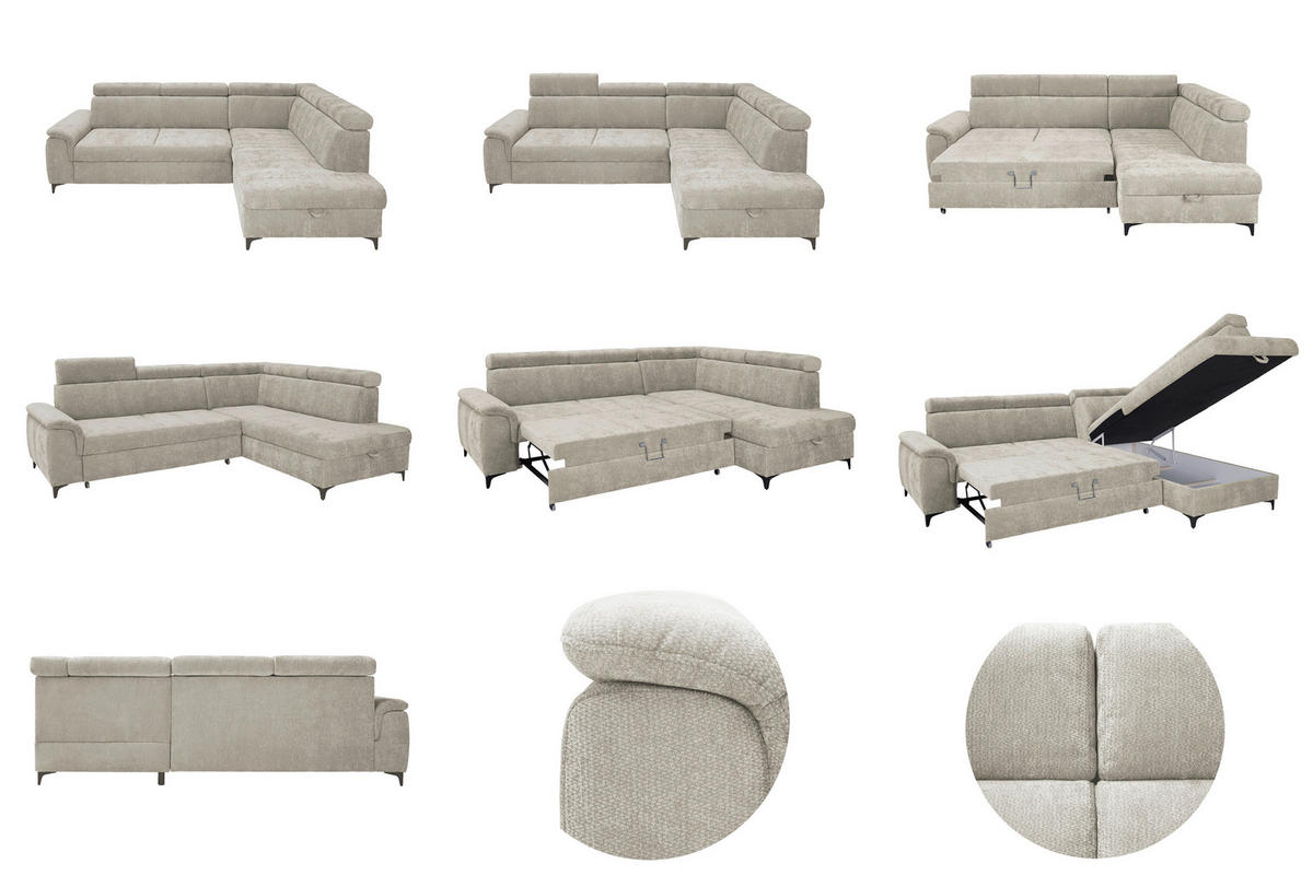 ECKSOFA Naturfarben Chenille Bettkasten, Schlaffunktion, Rücken echt, Kopfteilverstellung, Liegefläche im Originalstoff  - Schwarz/Naturfarben, KONVENTIONELL, Textil/Metall (265/206cm) - Carryhome
