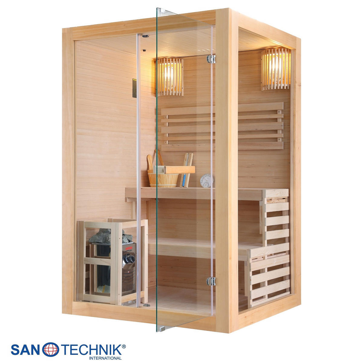 SAUNA für 2 Personen  - Naturfarben, Basics, Glas/Holz (130/120/200cm) - Sanotechnik