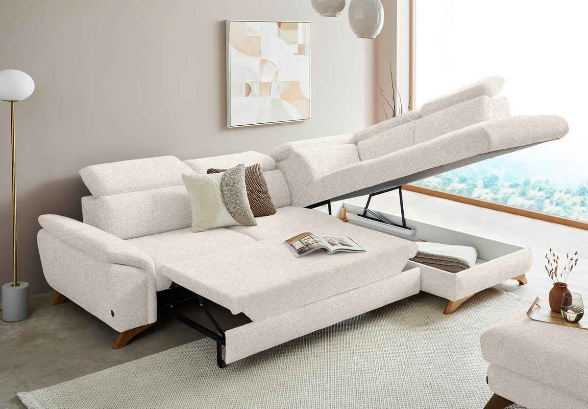ECKSOFA in Bouclé Creme  - Eichefarben/Creme, Modern, Holz/Textil (287/212cm) - Valnatura
