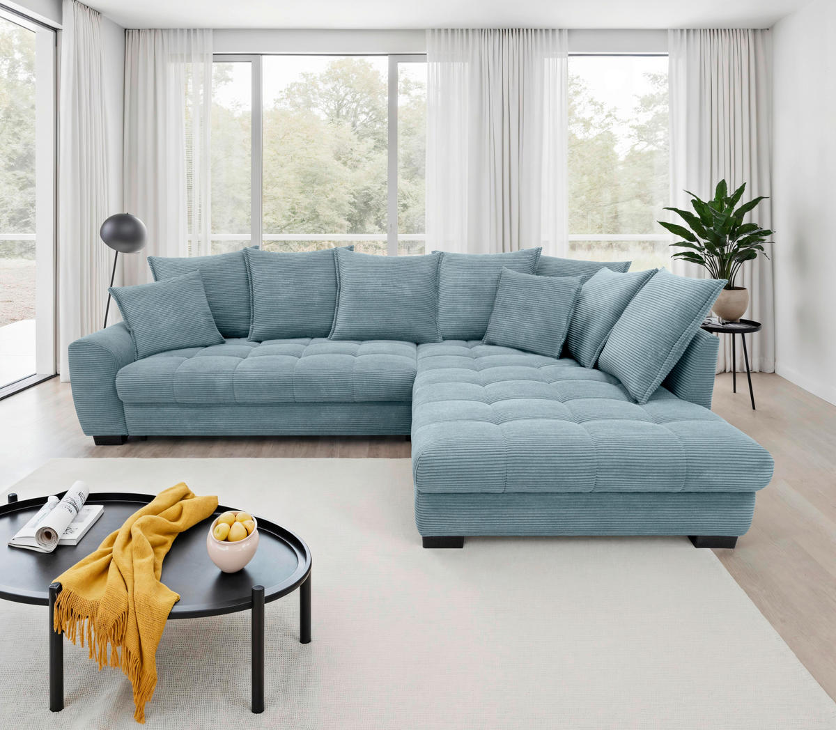 ECKSOFA Blaugrau Cord Rückenkissen, Armlehnenkissen, Bettkasten, Schlaffunktion, Rücken echt, Liegefläche im Originalstoff  - Blaugrau/Schwarz, KONVENTIONELL, Kunststoff/Textil (304/212cm) - Carryhome