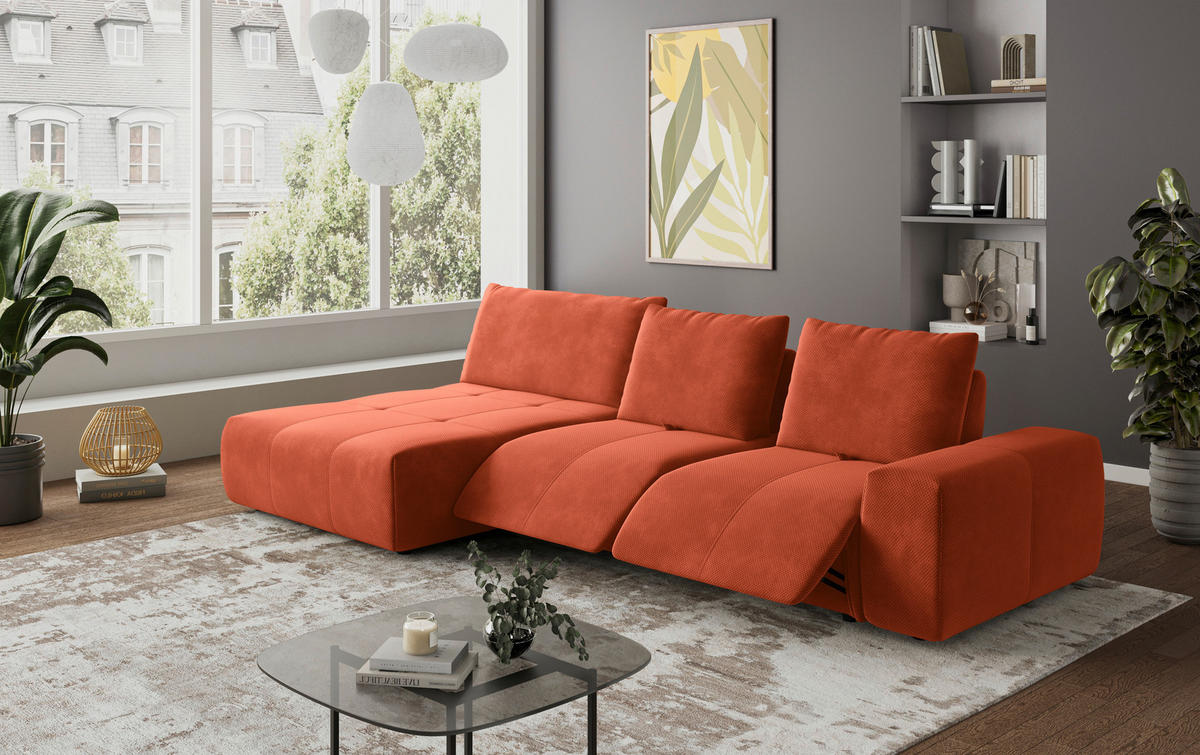 ECKSOFA in Velours Terracotta  174/347 cm  - Terracotta/Schwarz, Design, Kunststoff/Textil (174/347cm) - Xora