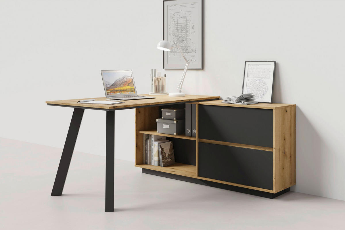 SCHREIBTISCH 138/150/75,4 cm Eichefarben   - Eichefarben/Schwarz, Modern, Holzwerkstoff (138/150/75,4cm) - MID.YOU