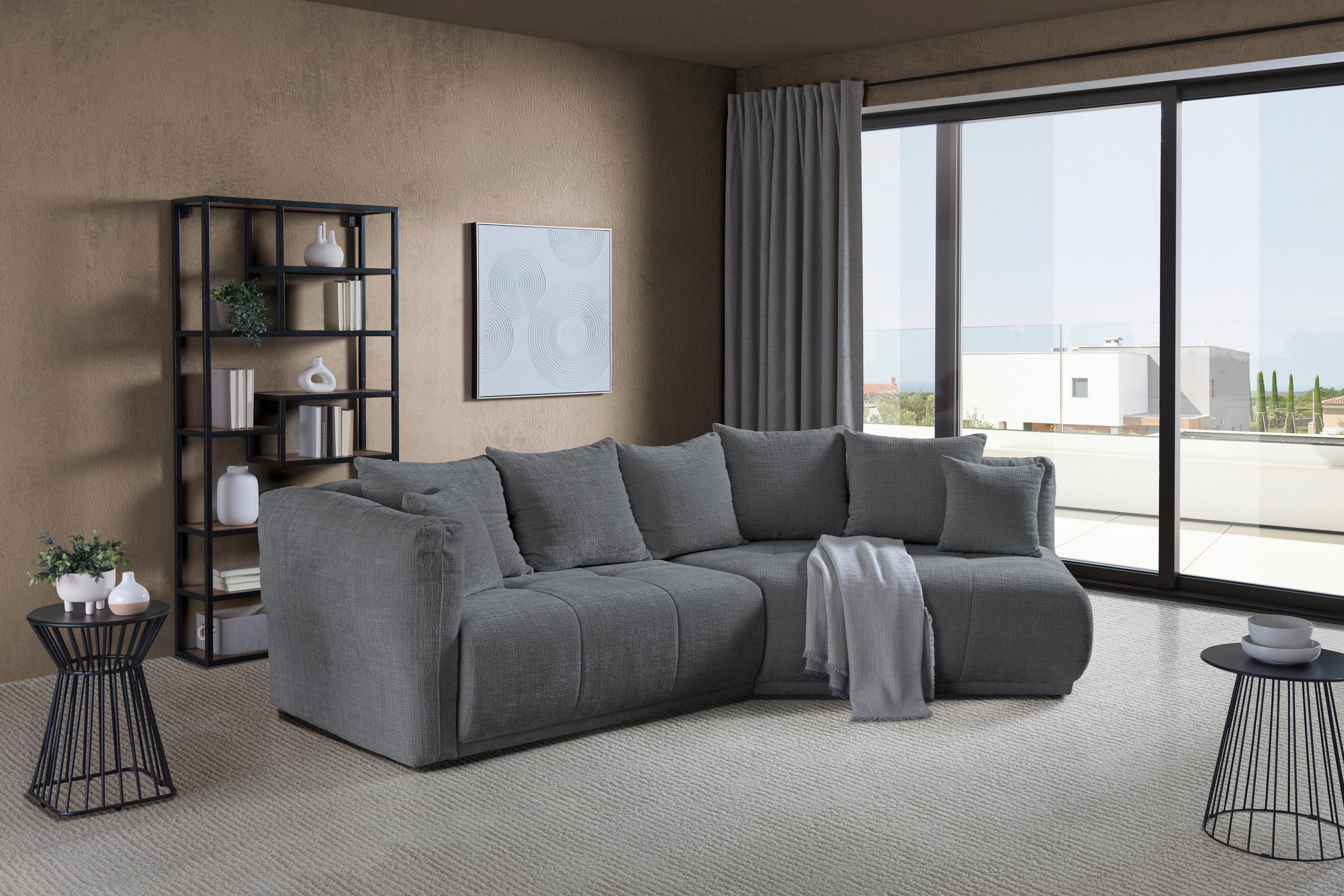ECKSOFA in Chenille Grau  - Schwarz/Grau, Modern, Kunststoff/Textil (315/180cm) - Hom`in