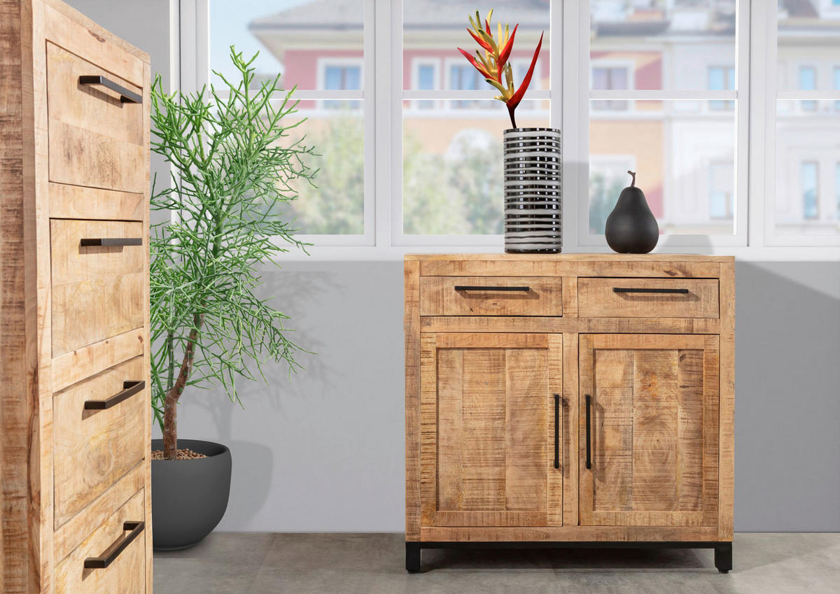 KOMMODE , 90/85/40 cm, 2 Schublade(n)  - Schwarz/Naturfarben, Design, Holz/Metall (90/85/40cm) - Landscape