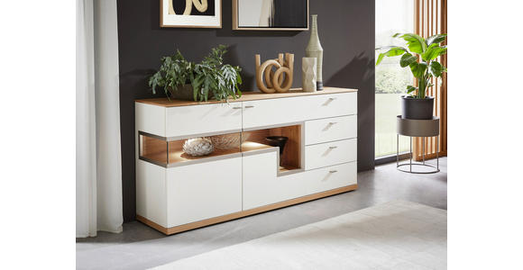 SIDEBOARD furniert Weiß, Eichefarben Abdeckplatte, Einlegeböden  - Edelstahlfarben/Eichefarben, Design, Holzwerkstoff (180/84/43cm) - Dieter Knoll