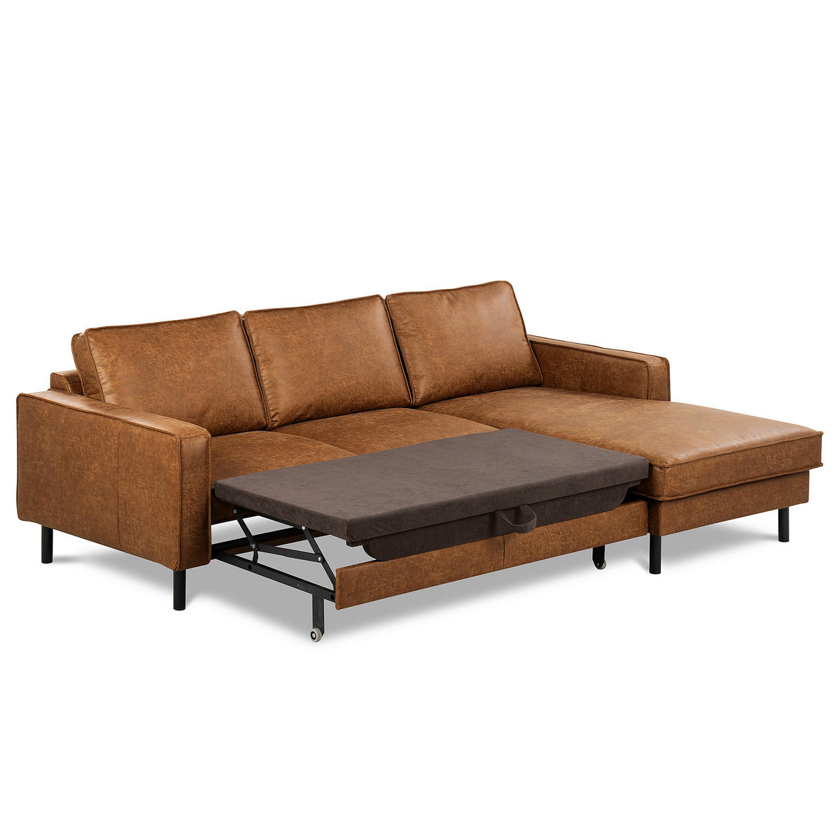 ECKSOFA Hellbraun Echtleder Lederlook Bettkasten, Schlaffunktion, Rücken echt  - Hellbraun/Schwarz, Design, Leder/Textil (166/238cm) - Livetastic