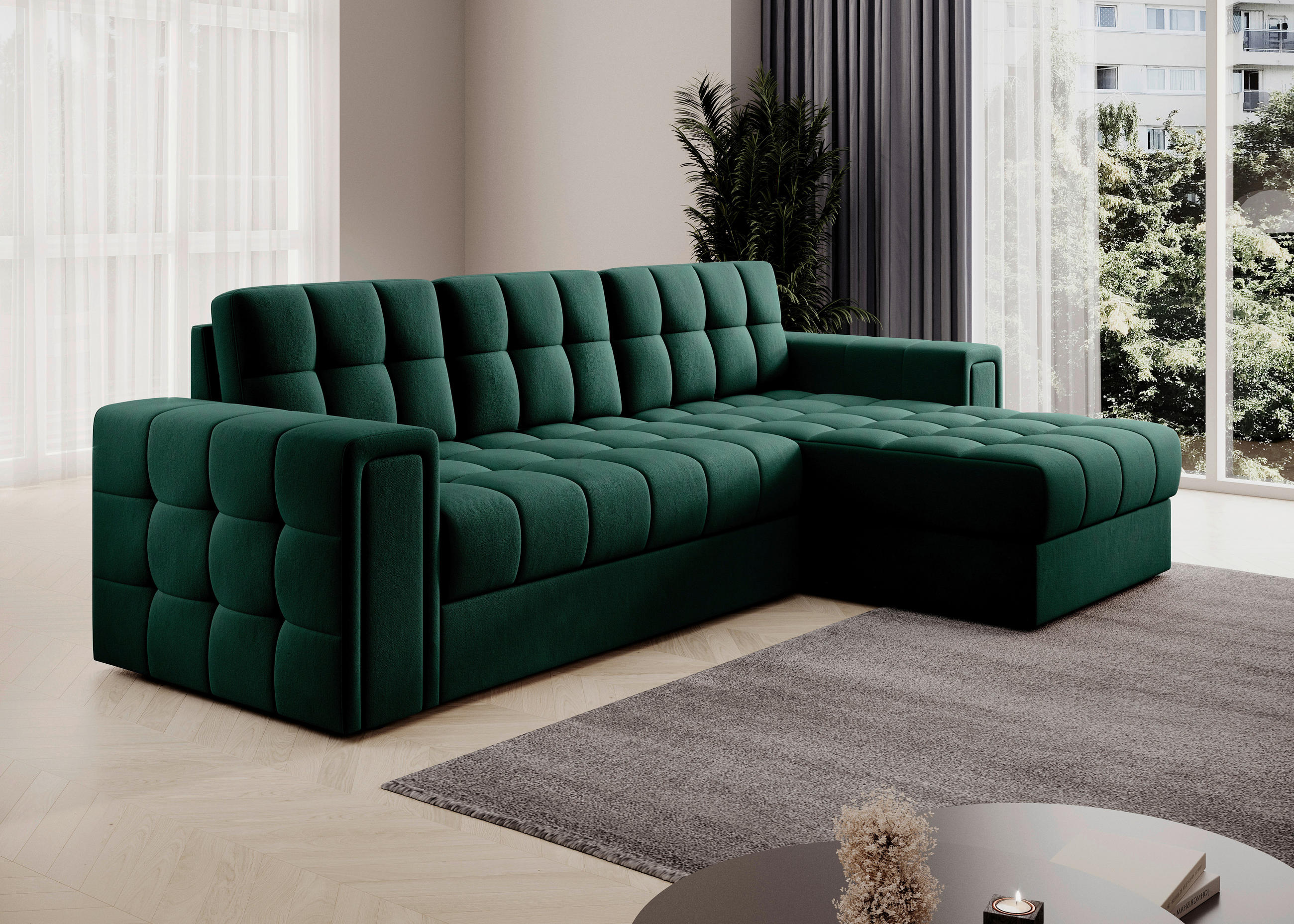 ECKSOFA Plüsch Grün  - Schwarz/Grün, Design, Kunststoff/Textil (260/150cm) - MID.YOU