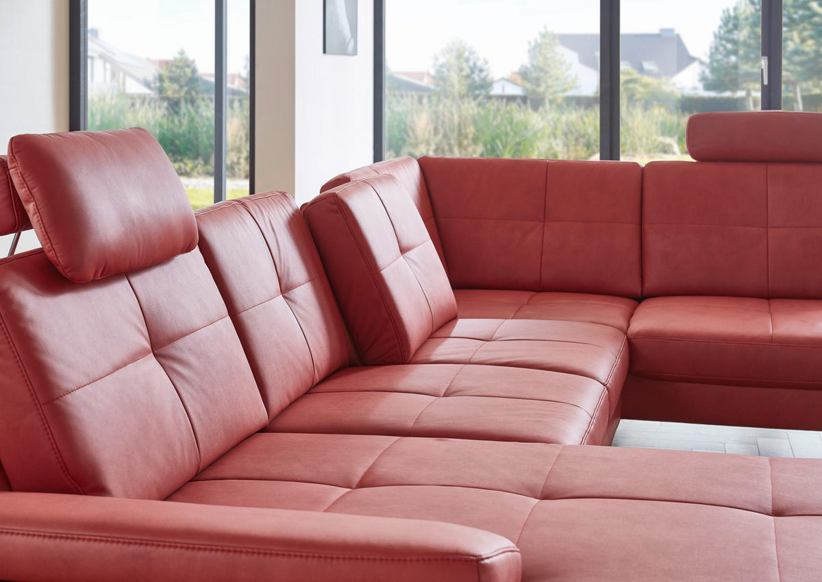 WOHNLANDSCHAFT in Lederlook, Mikrofaser Rot  - Rot/Schwarz, Design, Textil/Metall (179/345/220cm) - Beldomo System