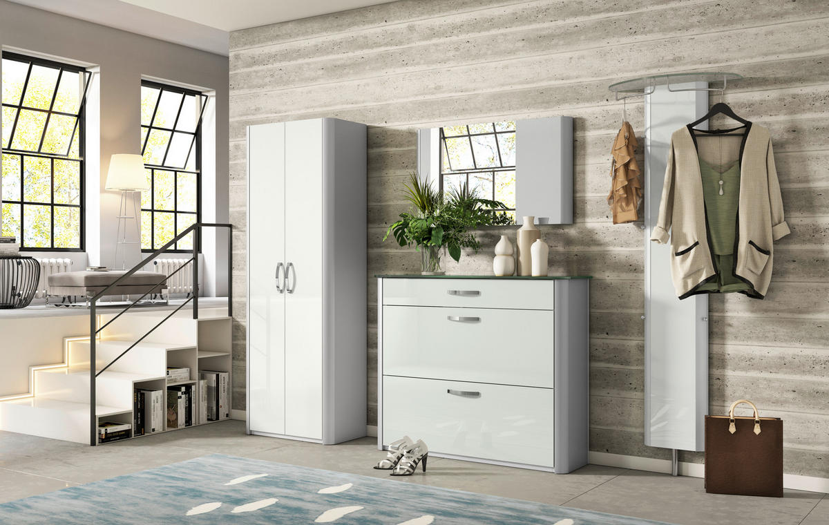 GARDEROBE 4-teilig  in 270/192/34 cm  - Weiss/Alufarben, Design, Glas/Holzwerkstoff (270/192/34cm) - Moderano