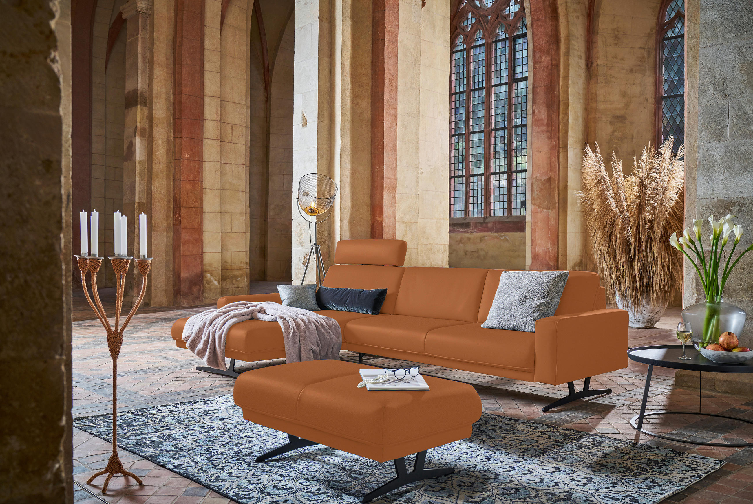 ECKSOFA in Echtleder Cognac  - Cognac/Anthrazit, Konventionell, Leder/Metall (179/324cm) - Johann Jakob