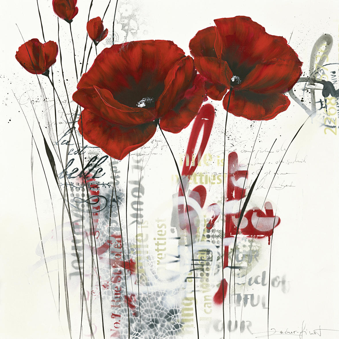 KUNSTDRUCK Isabelle Zacher-Finet Blumen Pavot d’hiver abstrait 2.0 II - Rot/Schwarz, Basics, Papier (30/30cm) - Monee