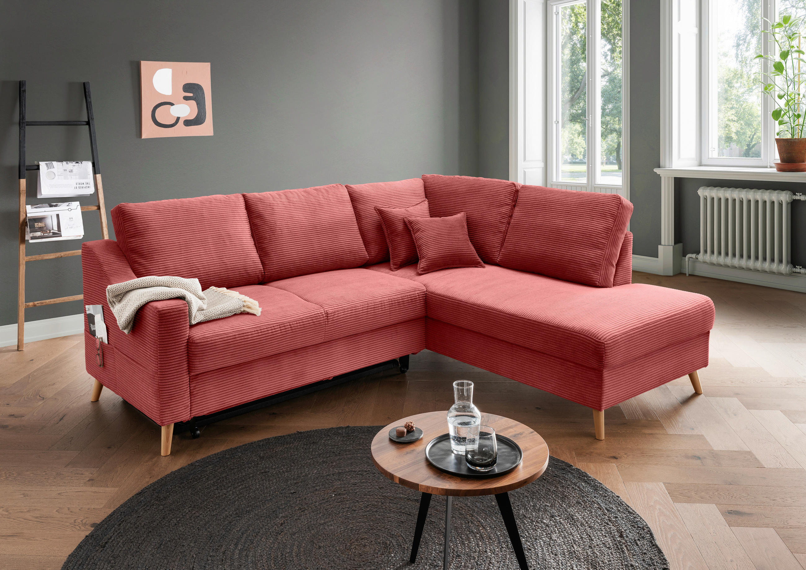 ECKSOFA Valentina Koralle Cord  - Koralle/Naturfarben, MODERN, Holz/Textil (230/200cm) - Livetastic