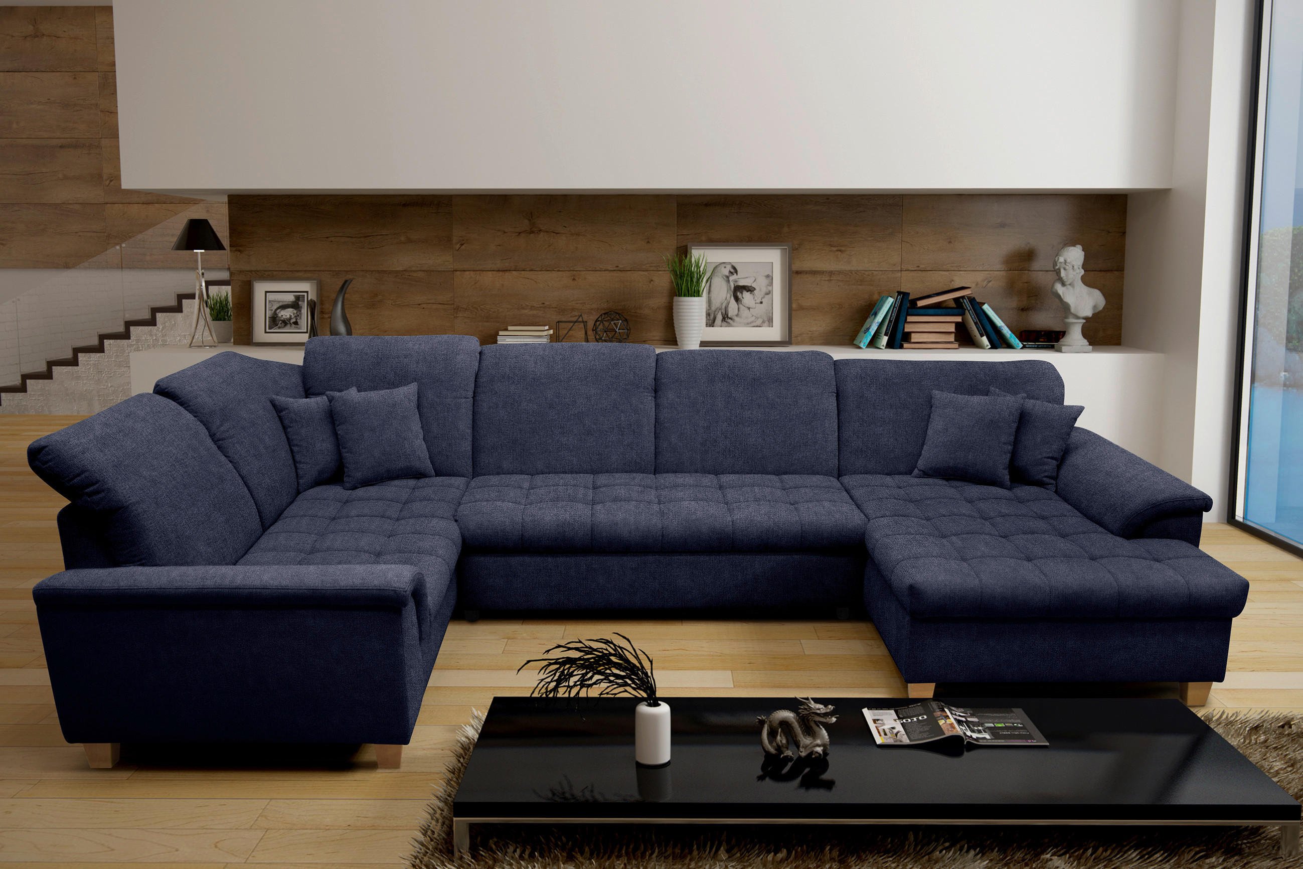 WOHNLANDSCHAFT in Mikrofaser Dunkelblau  - Eichefarben/Dunkelblau, KONVENTIONELL, Holz/Textil (214/352/170cm) - MID.YOU