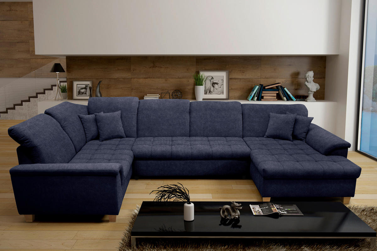 WOHNLANDSCHAFT in Mikrofaser Dunkelblau  - Eichefarben/Dunkelblau, KONVENTIONELL, Holz/Textil (214/352/170cm) - MID.YOU