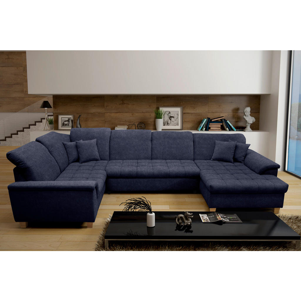 Thumbnail - Mid.you Wohnlandschaft, Dunkelblau, Textil, Eiche, Uni, 5-Sitzer, U-Form, 352x214 cm, Made in EU, FSC Mix, Rücken echt, ...