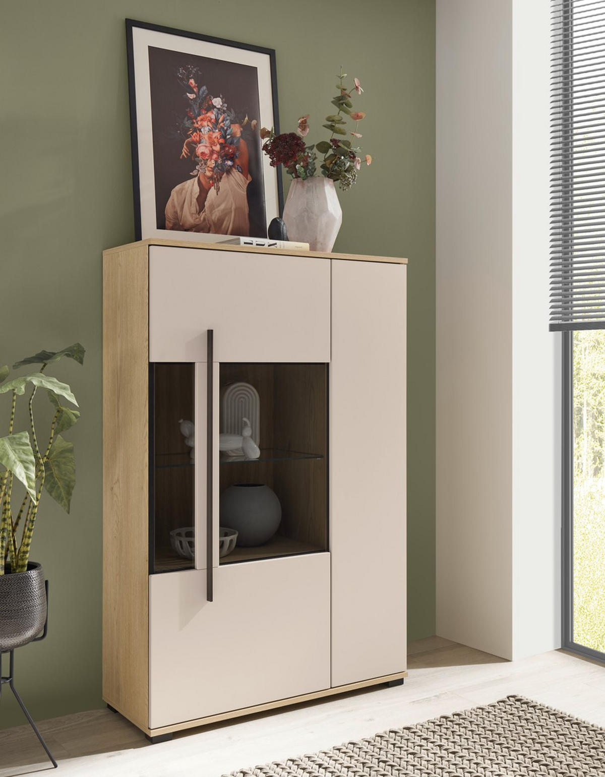 VITRINE  in Eichefarben, Kaschmir  - Kaschmir/Eichefarben, Design, Glas/Holzwerkstoff (90/140/37cm) - Livetastic