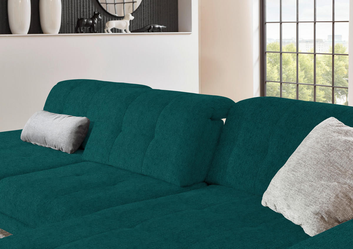 ECKSOFA in Flachgewebe Petrol  - Petrol/Schwarz, Design, Textil/Metall (309/190cm) - Beldomo Style
