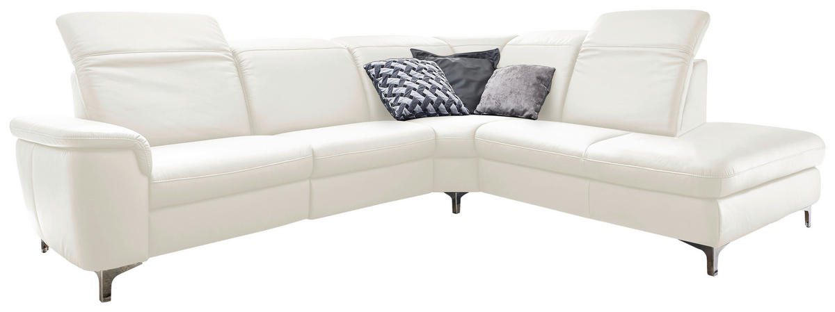 ECKSOFA in Echtleder Weiss  - Weiss/Alufarben, Design, Leder/Metall (242/292cm) - Cantus