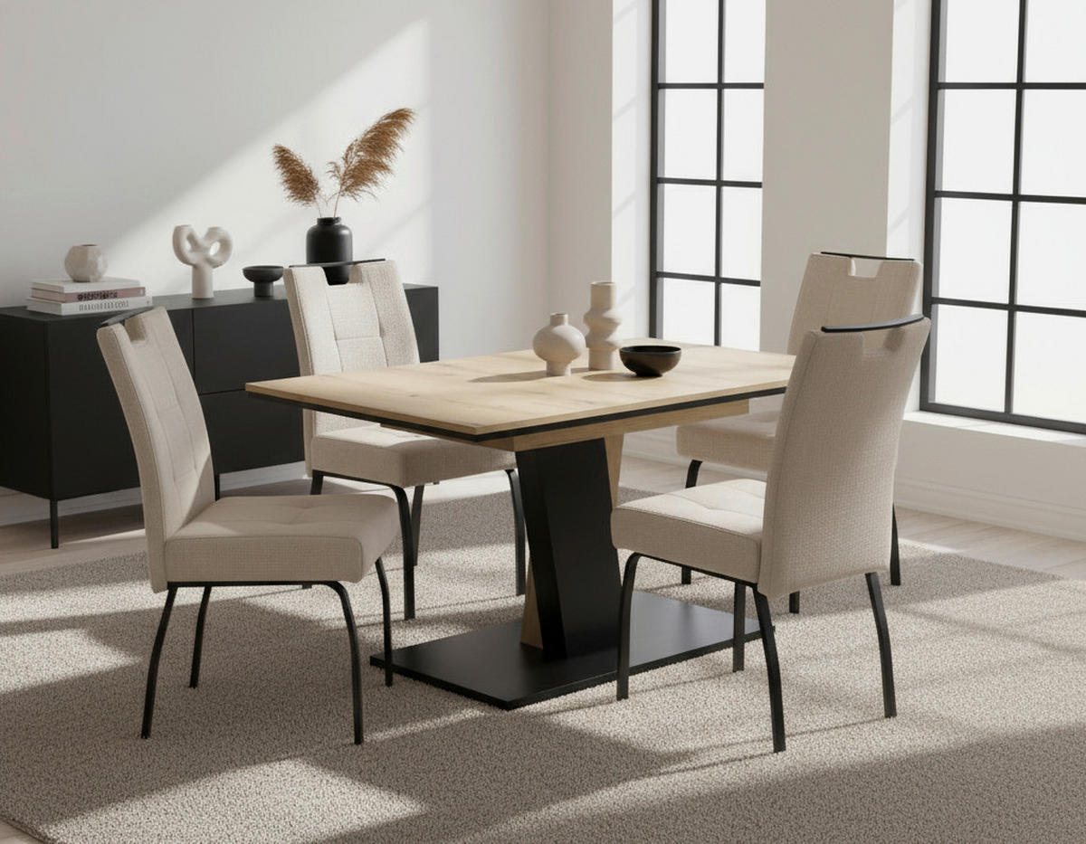 TISCHGRUPPE in Metall, Textil, Holzwerkstoff Eichefarben, Beige  - Eichefarben/Beige, MODERN, Holzwerkstoff/Textil (140 - 180/76/90cm) - MID.YOU