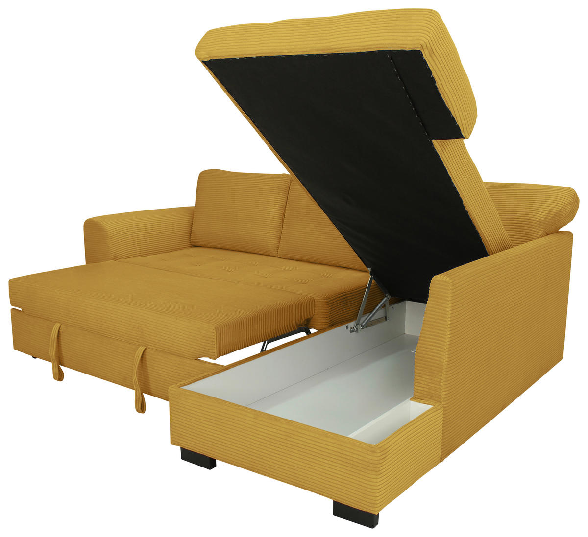 ECKSOFA JOHN Senfgelb Cord Rückenkissen, Bettkasten, Liegefläche im Originalstoff  - Senfgelb/Schwarz, Trend, Kunststoff/Textil (239/178cm) - P & B