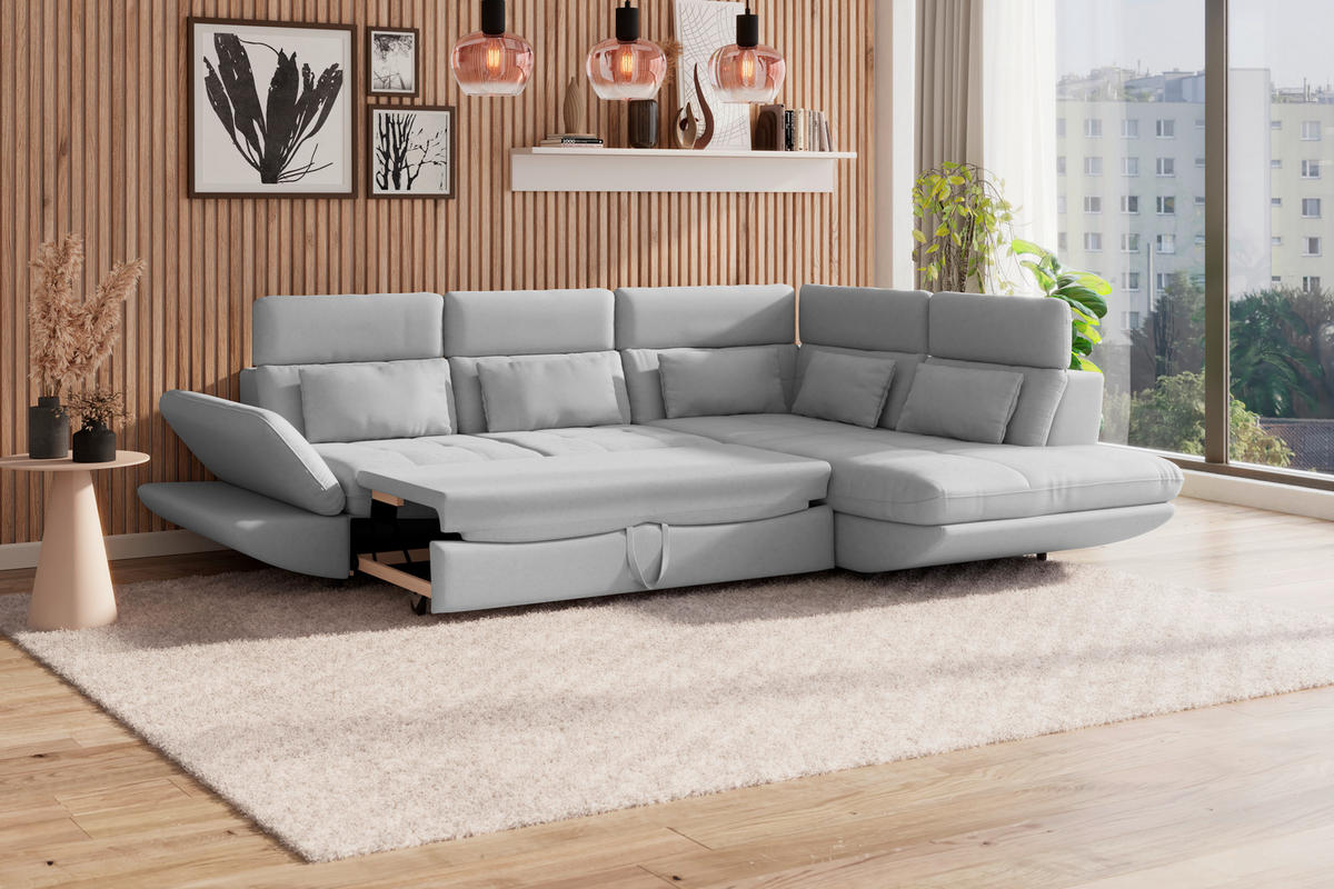 WOHNLANDSCHAFT Hellgrau Mikrofaser  - Hellgrau/Schwarz, MODERN, Kunststoff/Textil (311/233cm) - MID.YOU